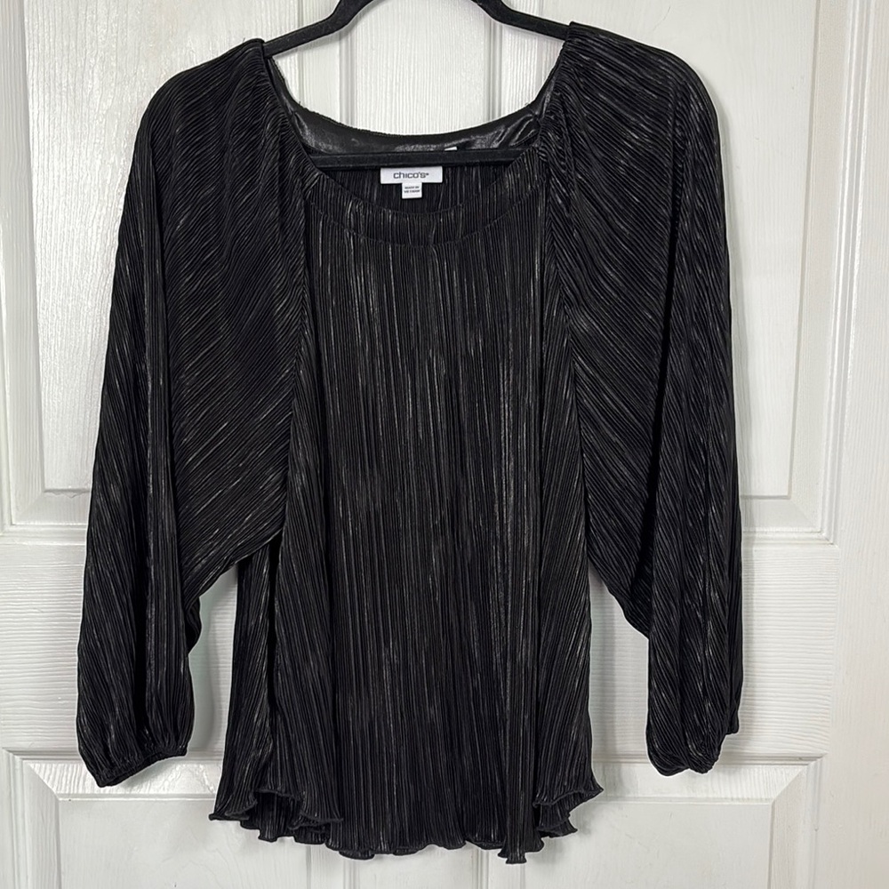 Chicos Black Shimmering Pleated Blouse sz Large Balloon Sleeve Lettuce Hem party